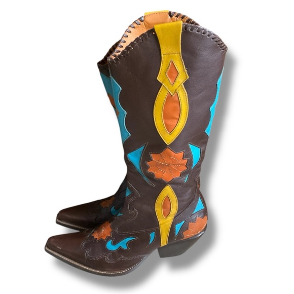 BCBG Shoes - BCBG Cowboy Boots Brown Yellow Blue Leather Western Southwestern Womens Size 6.5